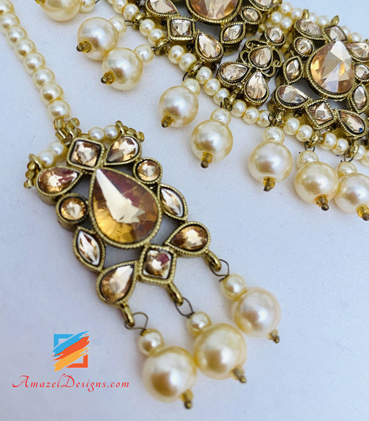 Collana Flessibile Champagne Orecchini Jhumki Set Tikka 