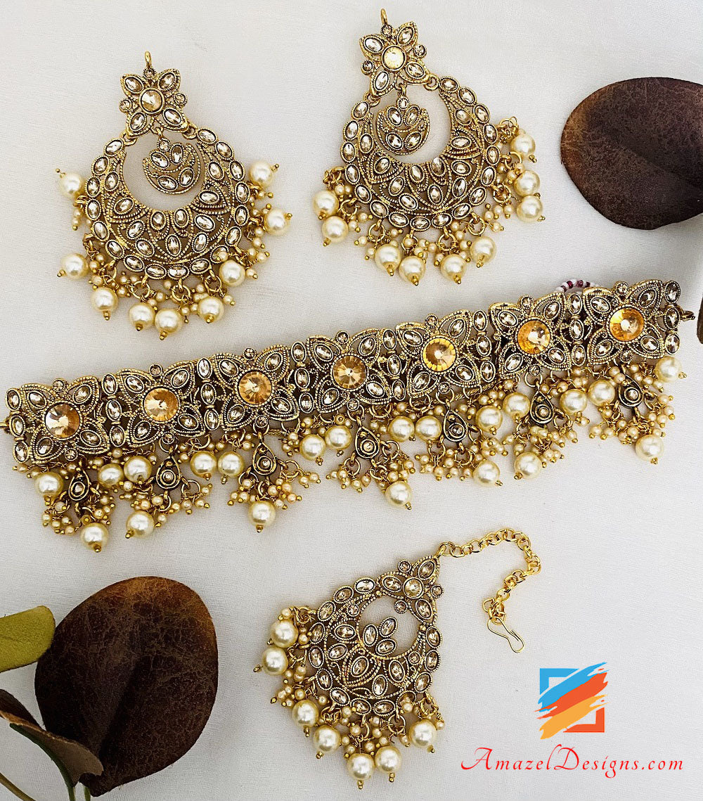 Champagne Antique Choker Necklace Earrings Tikka Set