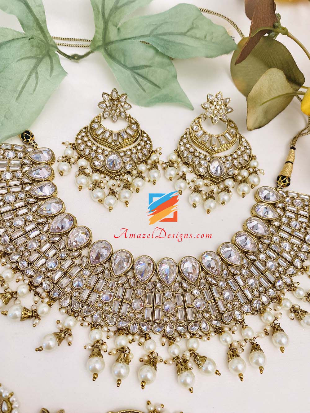 Champagne High Quality Clear Polki Necklace Earrings Tikka Set