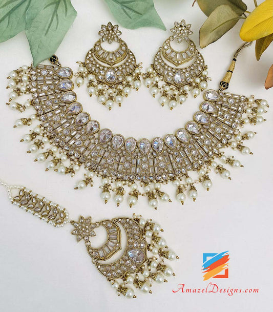 Champagne High Quality Clear Polki Necklace Earrings Tikka Set