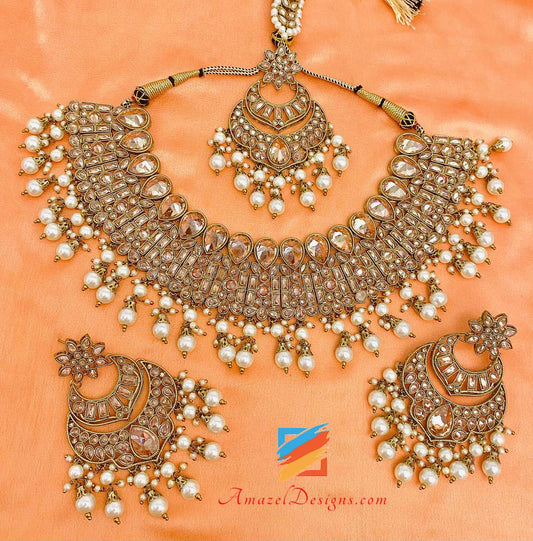 Champagne High Quality Polki Monalisa Necklace Earrings Tikka Set