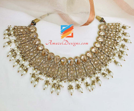 Champagne High Quality Polki Monalisa Necklace Earrings Tikka Set