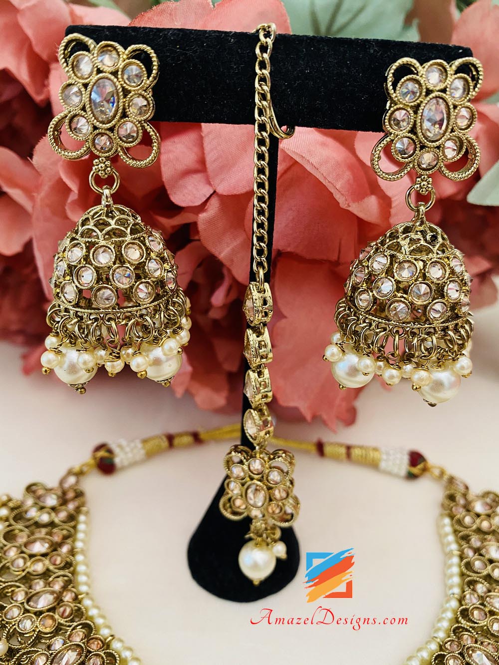 Champagne Polki Necklace Jhumki Earrings Tikka Set