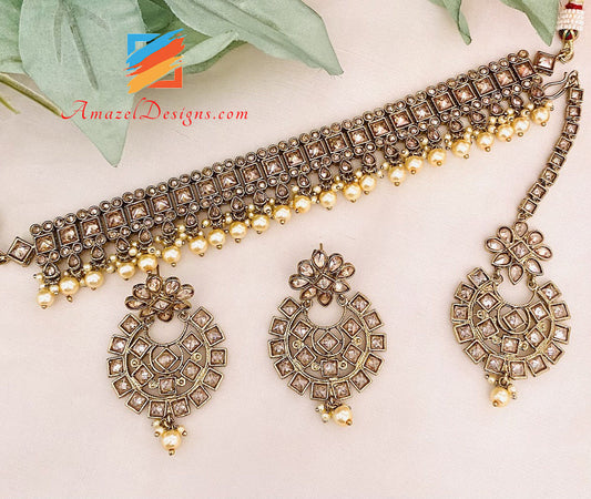 Champagner Polki Choker Ohrringe Tikka Set