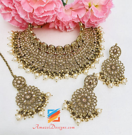 Champagne Polki Choker Necklace Earrings Tikka Set