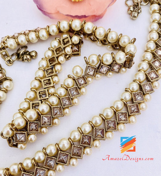 Champagne Polki Cream Beads Payal