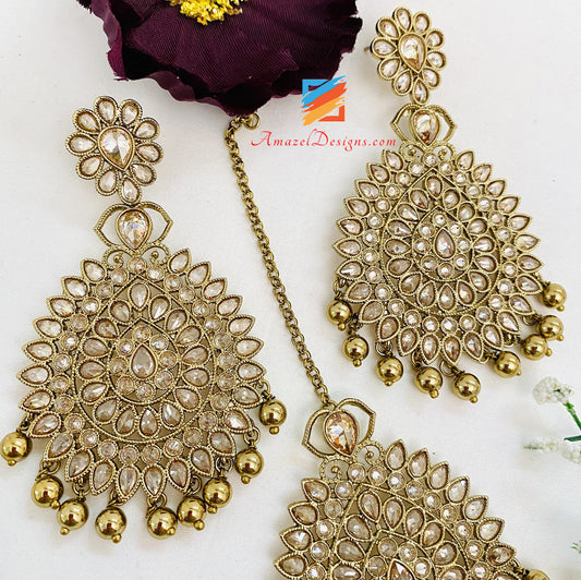 Champagne Polki Earrings Tikka set with Golden Beads