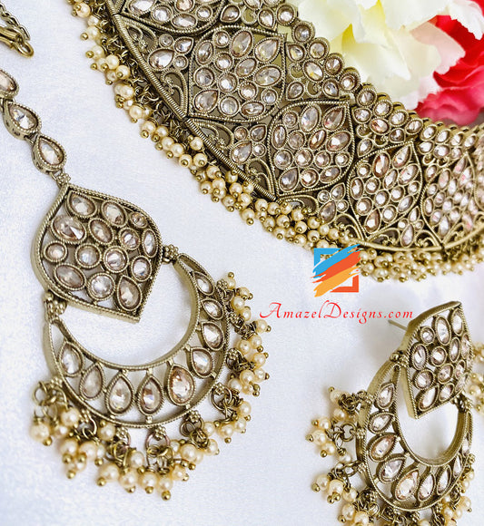 Champagne Polki Flexible Necklace Earrings Tikka Set