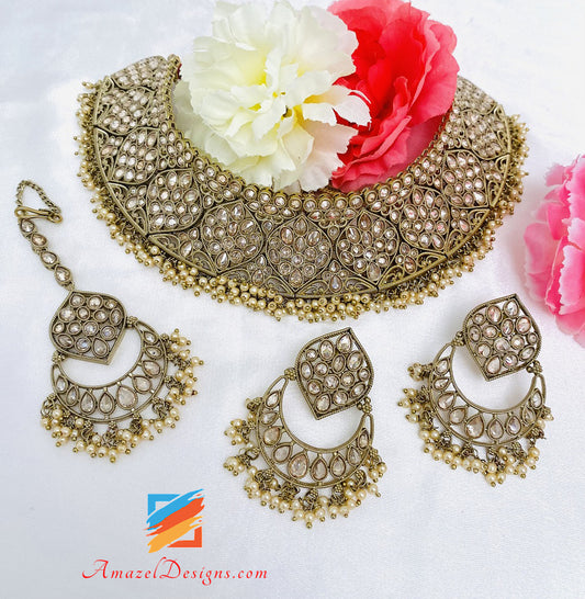 Champagne Polki Flexible Necklace Earrings Tikka Set