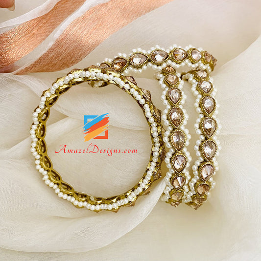 Champagne Polki Kadas with White Beads