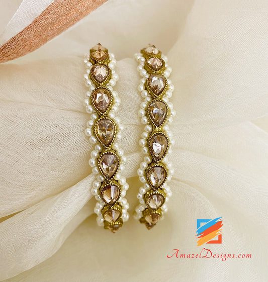 Champagne Polki Kadas with White Beads