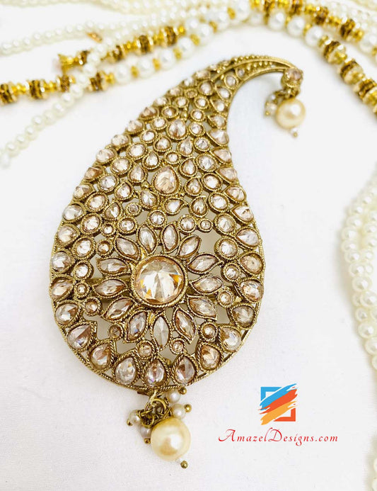 Champagne Polki Kalgi With Hanging Pearl