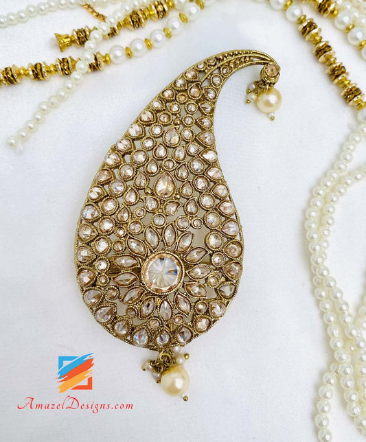 Champagne Polki Kalgi With Hanging Pearl