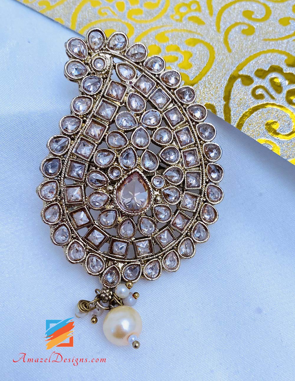 Champagne Polki Kalgi With Hanging Pearl And Small Beads