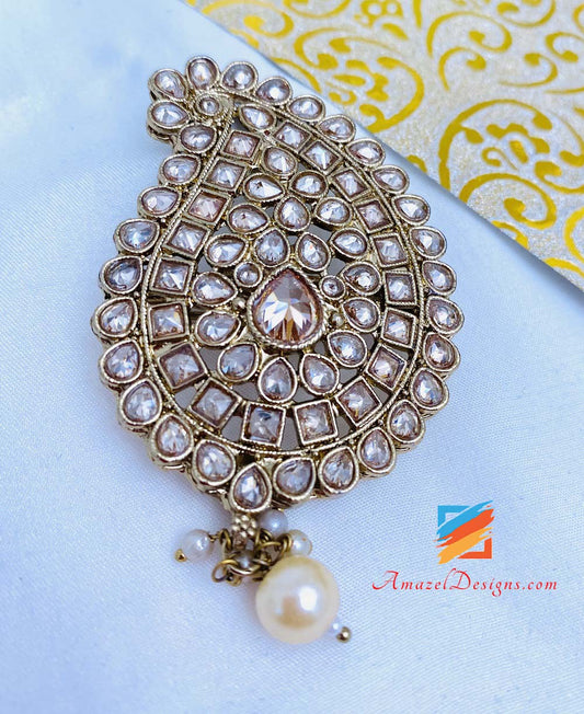 Champagne Polki Kalgi With Hanging Pearl And Small Beads