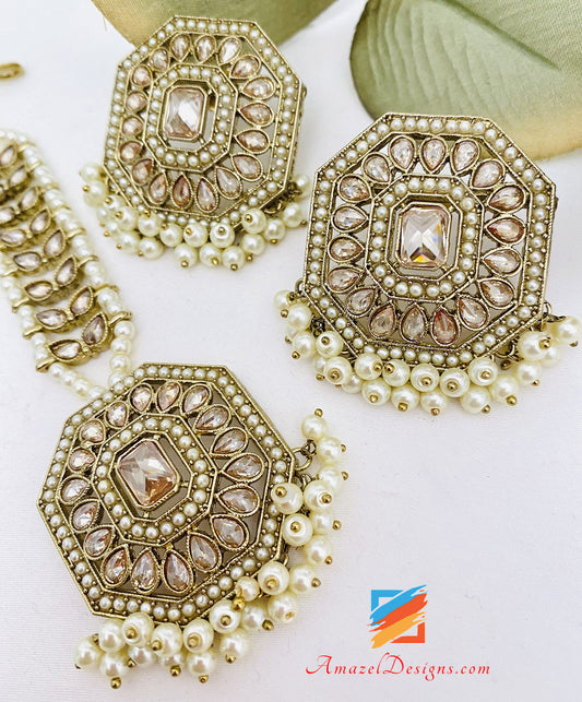 Champagne Polki Lightweight Studs Earrings Tikka Set