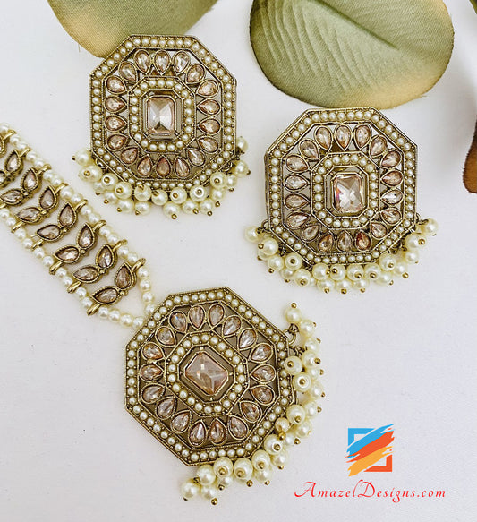 Champagne Polki Lightweight Studs Earrings Tikka Set