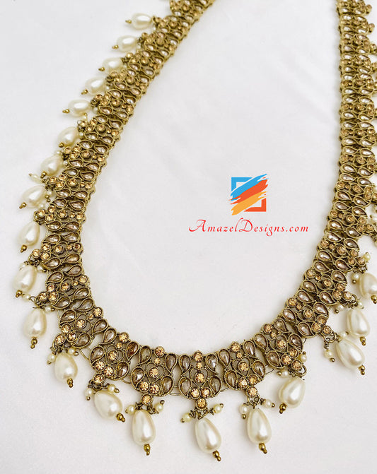 Champagne Polki Long Haar Earrings Tikka Set