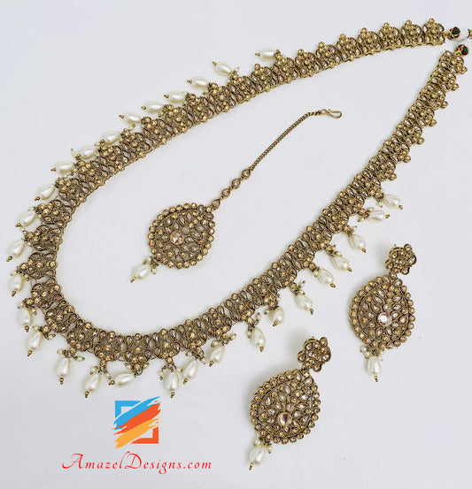 Champagne Polki Long Haar Earrings Tikka Set