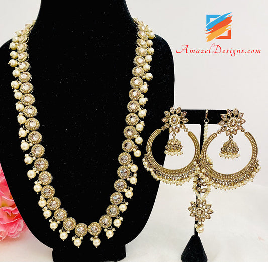 Champagne Polki Long Mala Earrings Tikka Set