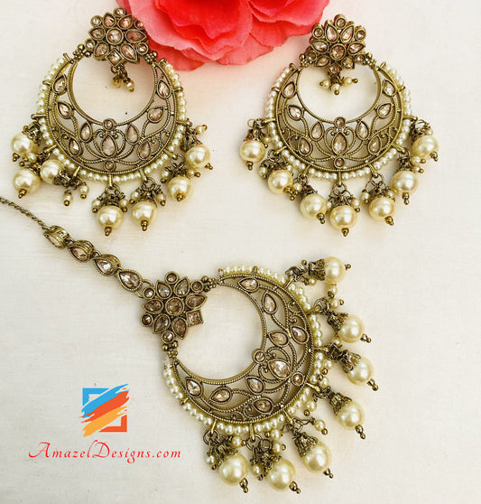 Champagne Polki Long Mala Earrings Tikka Set