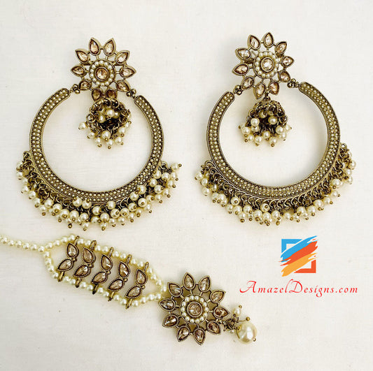 Champagne Polki Long Mala Earrings Tikka Set