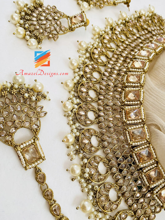 Champagne Polki Monalisa Chandbali Choker Necklace Earrings Tikka Set