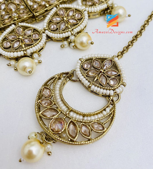 Champagne Polki Collana Chandbali Jhumki Orecchini Tikka Set 