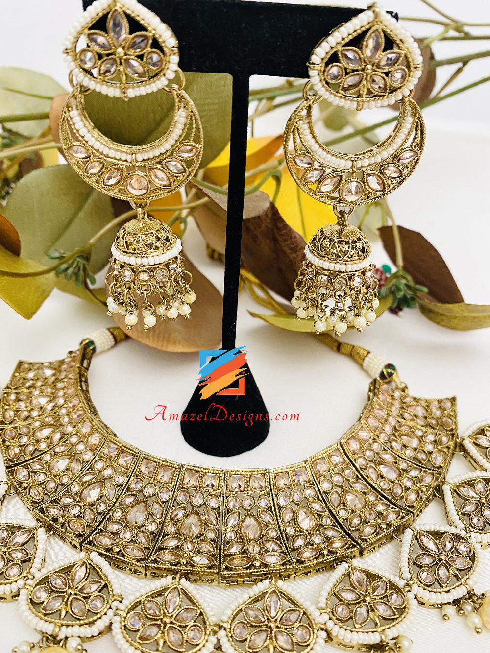 Champagne Polki Necklace Chandbali Jhumki Earrings Tikka Set