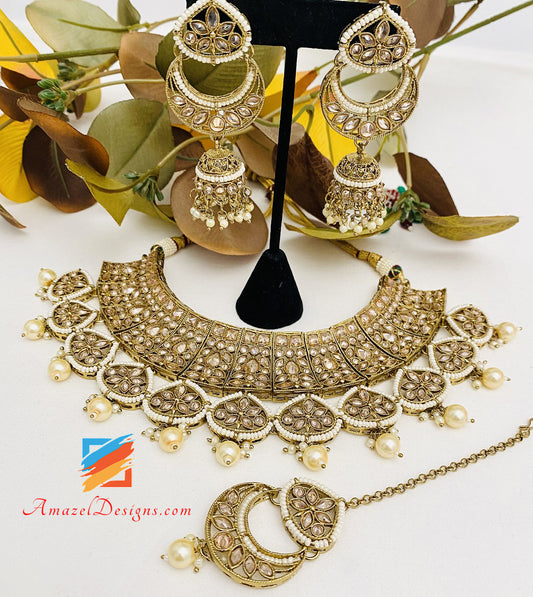 Champagne Polki Collana Chandbali Jhumki Orecchini Tikka Set 