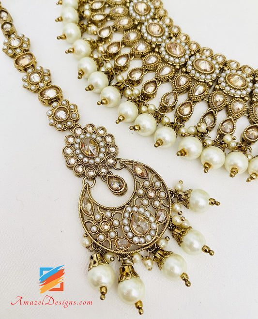 Champagner Polki Halskette Chandbali Jhumki Tikka Set 