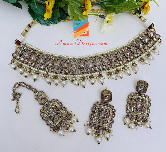 Champagne Polki Necklace Earrings Tikka Set