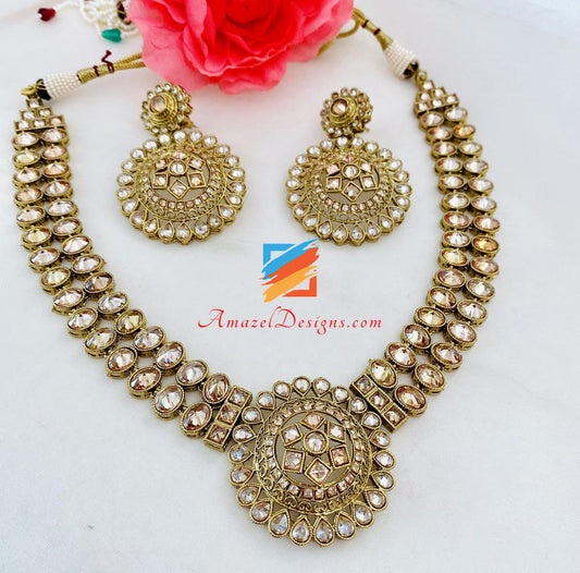 Champagne Polki Necklace Earrings Tikka Set