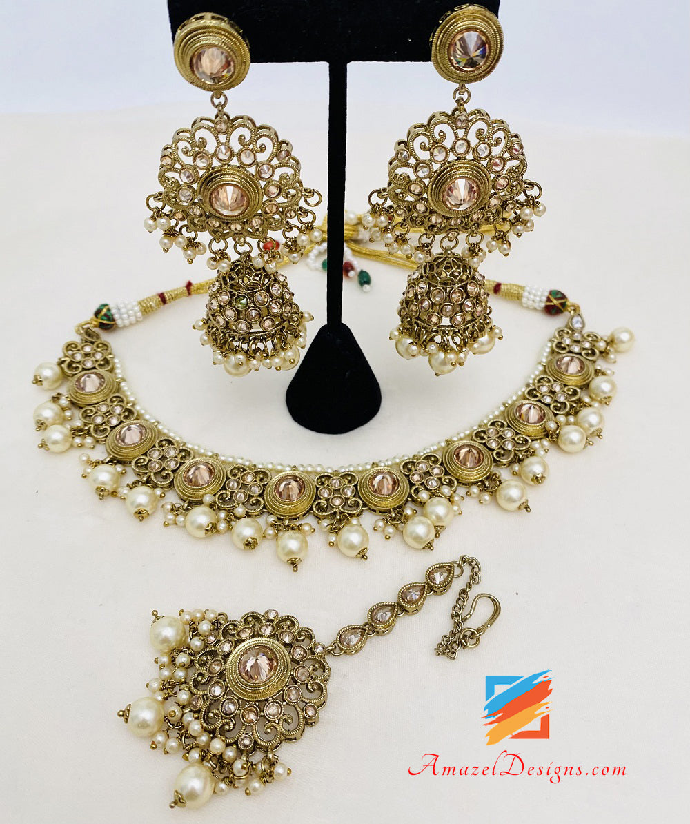 Champagne Polki Necklace Earrings Tikka Set
