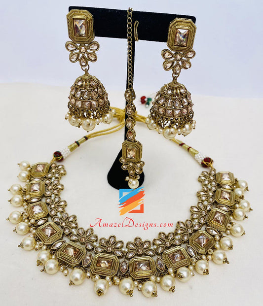 Champagne Polki Necklace Earrings Tikka Set