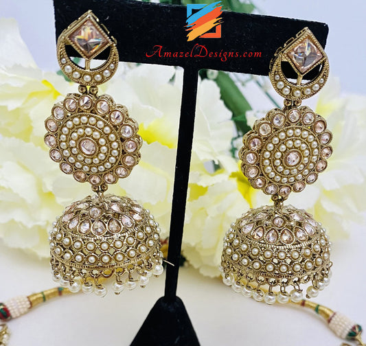 Champagne Polki Necklace Jhumki Earrings Tikka Set