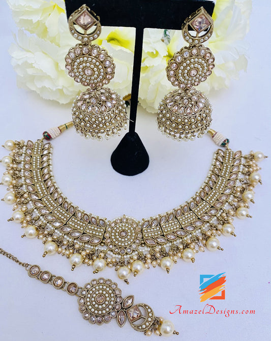 Champagne Polki Necklace Jhumki Earrings Tikka Set