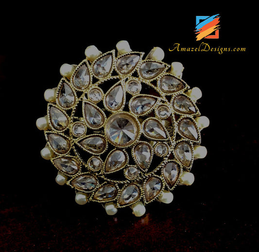 Champagne Polki Ring With Off White Beads Adjustable