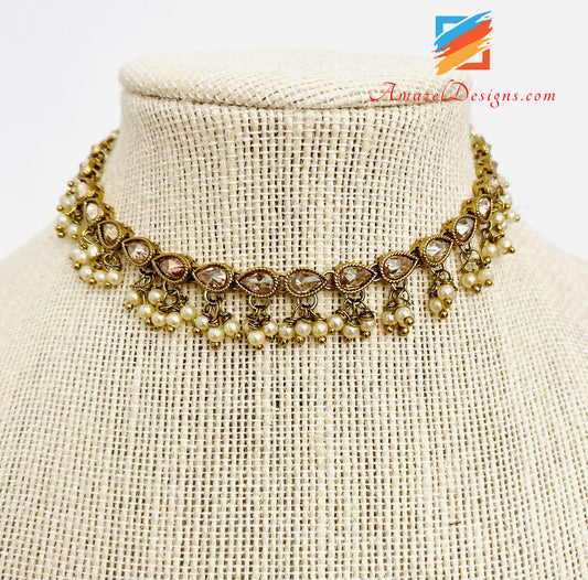 Champagne Polki Hanging Beads Single Line Choker/Necklace