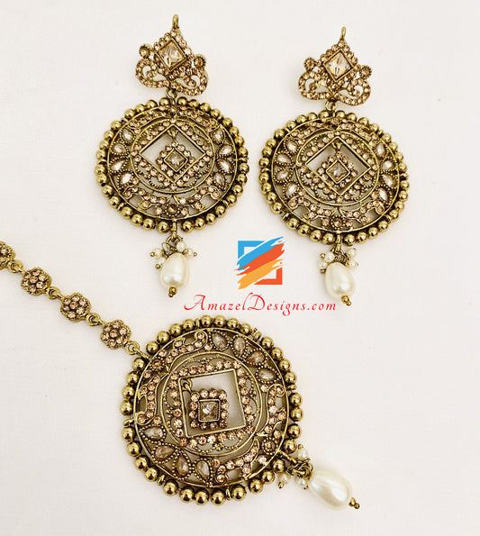 Champagne Rani Haar Necklace Earrings Tikka Set