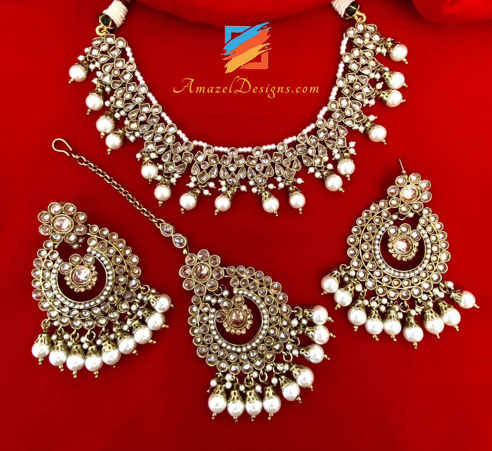 Champagne Single Line Necklace With Earrings and Tikka Set