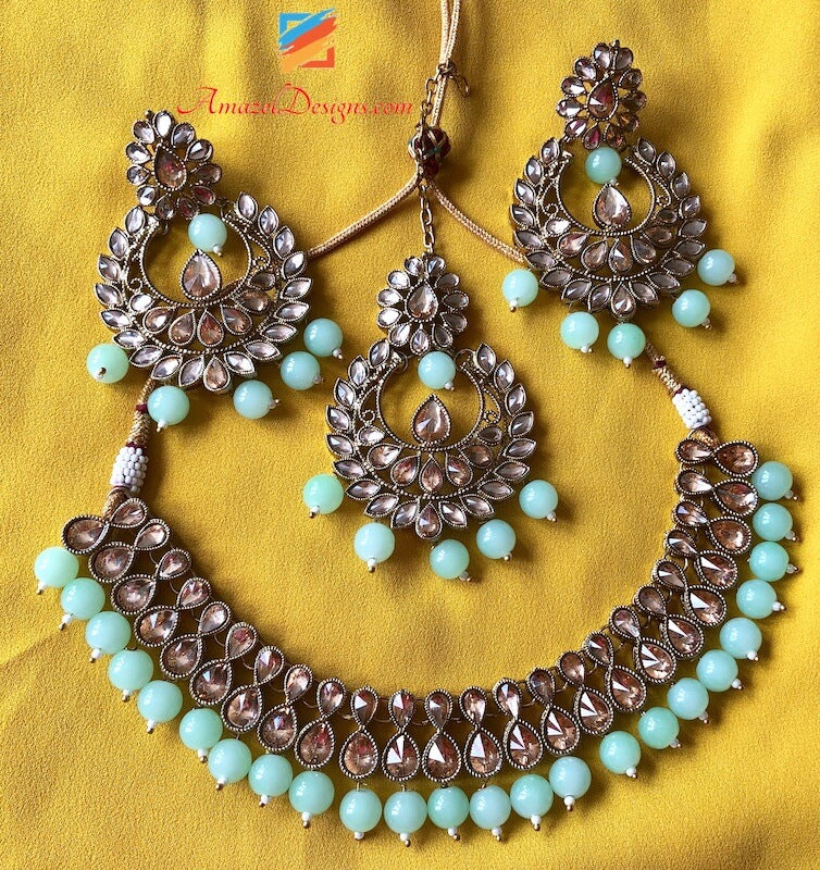 Champagne Color with Sea Green Beads Necklace Set
