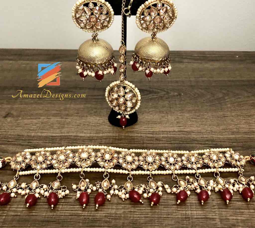 Champagne Color Dull Golden Choker with Maroon beads and Jhumkas Earrings Tikka Set