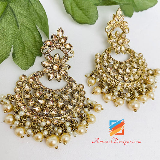 Earrings Chandbali Style Pearls Beads