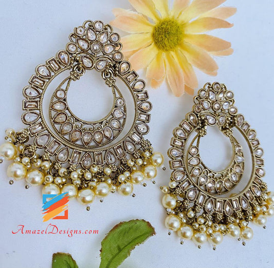Chandbali Earrings With Cream Beads