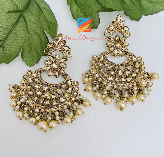 Earrings Chandbali Style Pearls Beads
