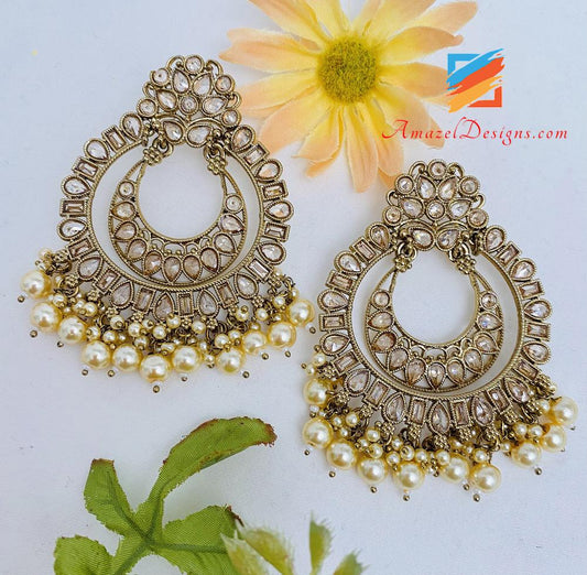 Chandbali Earrings With Cream Beads