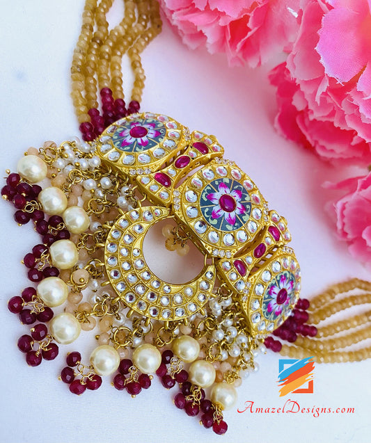 Statement High Quality Designer Choker Necklace Earrings Golden Meenakari Kundan Set