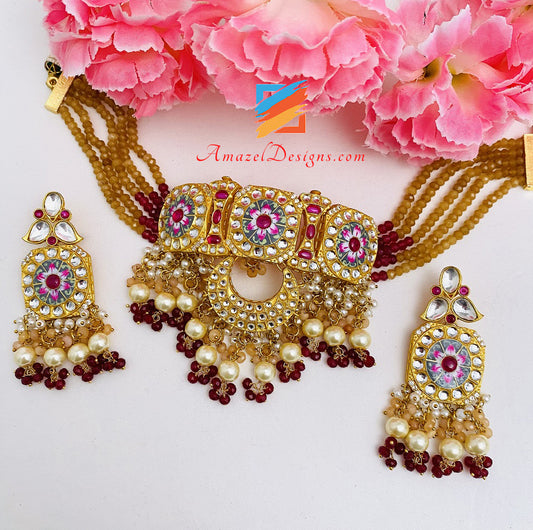 Statement High Quality Designer Choker Necklace Earrings Golden Meenakari Kundan Set