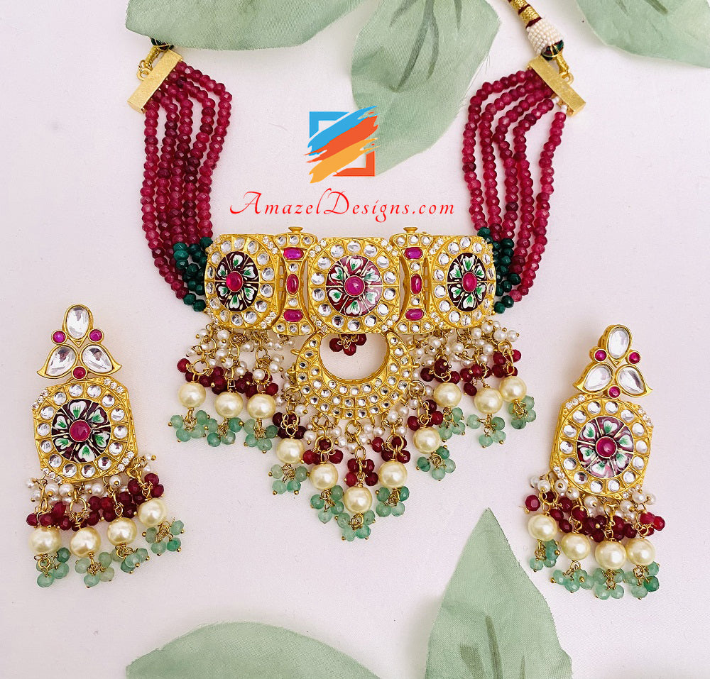 High Quality Statement Designer Choker Necklace Earrings Ruby Maroon Meenakari Kundan Set